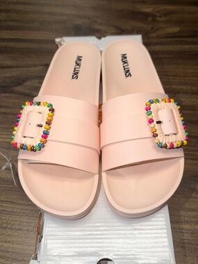 Muk Luks Light Pink Beaded Buckle Slide Sandals